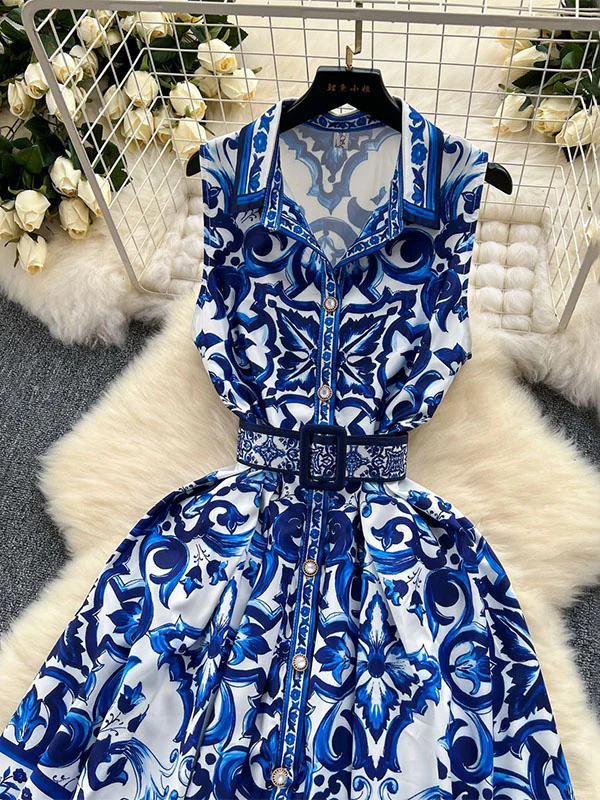 Sleeveless Belt Buckle Buttoned Contrast Color Floral Printed Midi Dresses - Image 9