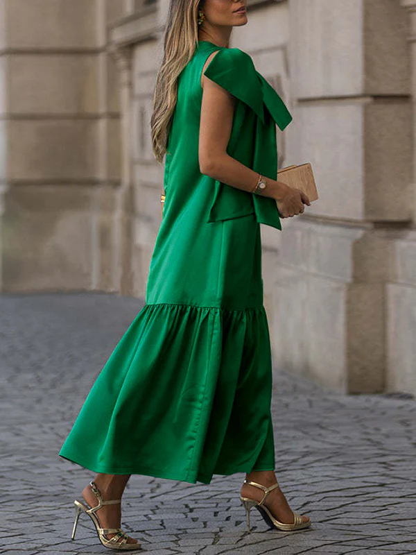Sleeveless Bowknot Pleated Split-Joint Round-Neck Maxi Dresses - Image 4