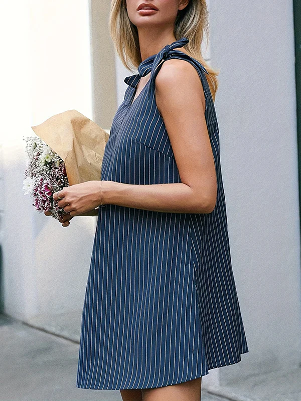 Sleeveless Bowknot Split-Joint Striped V-Neck Mini Dresses Shirt Dress - Image 4