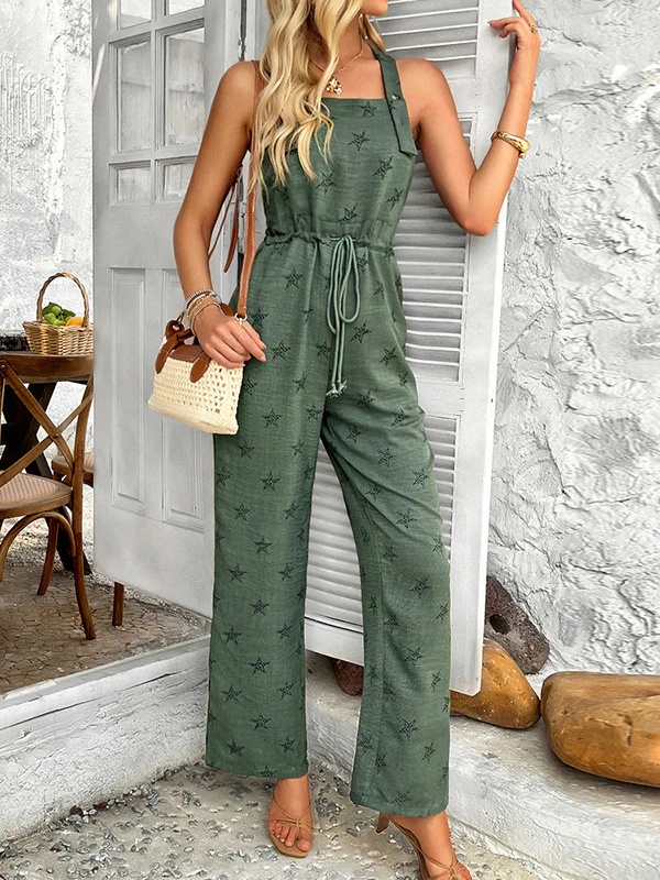 Sleeveless Buttoned Drawstring Pockets Printed Spaghetti-Neck Jumpsuits - Image 3