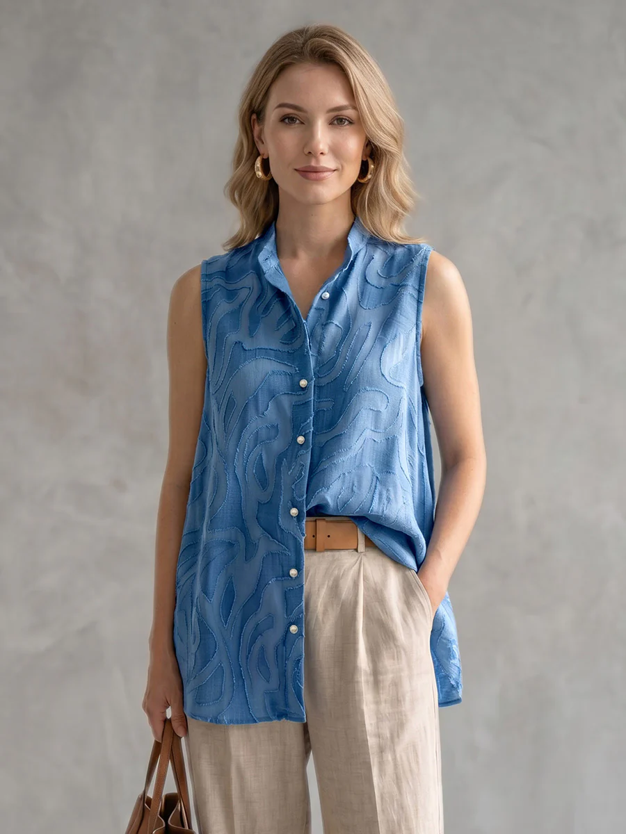 Sleeveless Buttoned Embroidered Solid Color Lapel Blouses&Shirts Tops - Image 2