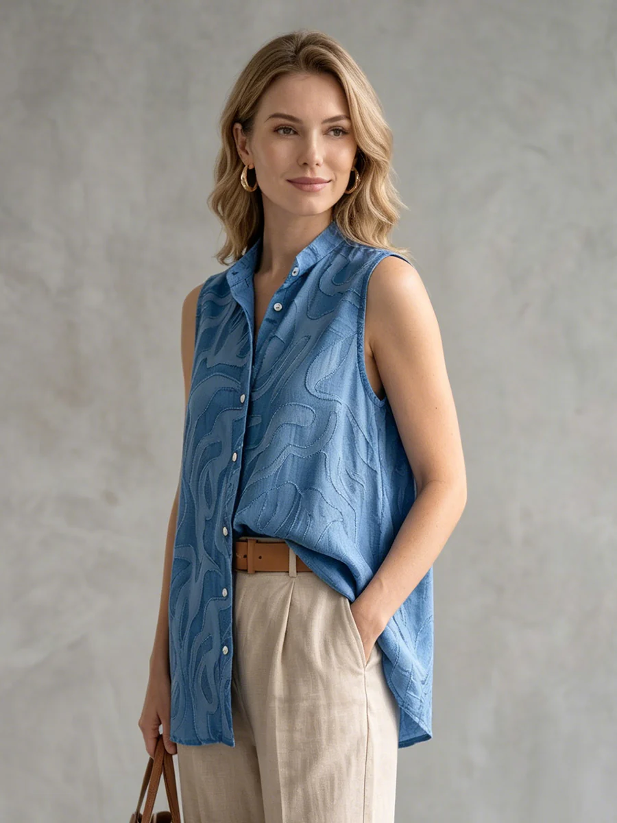 Sleeveless Buttoned Embroidered Solid Color Lapel Blouses&Shirts Tops - Image 3
