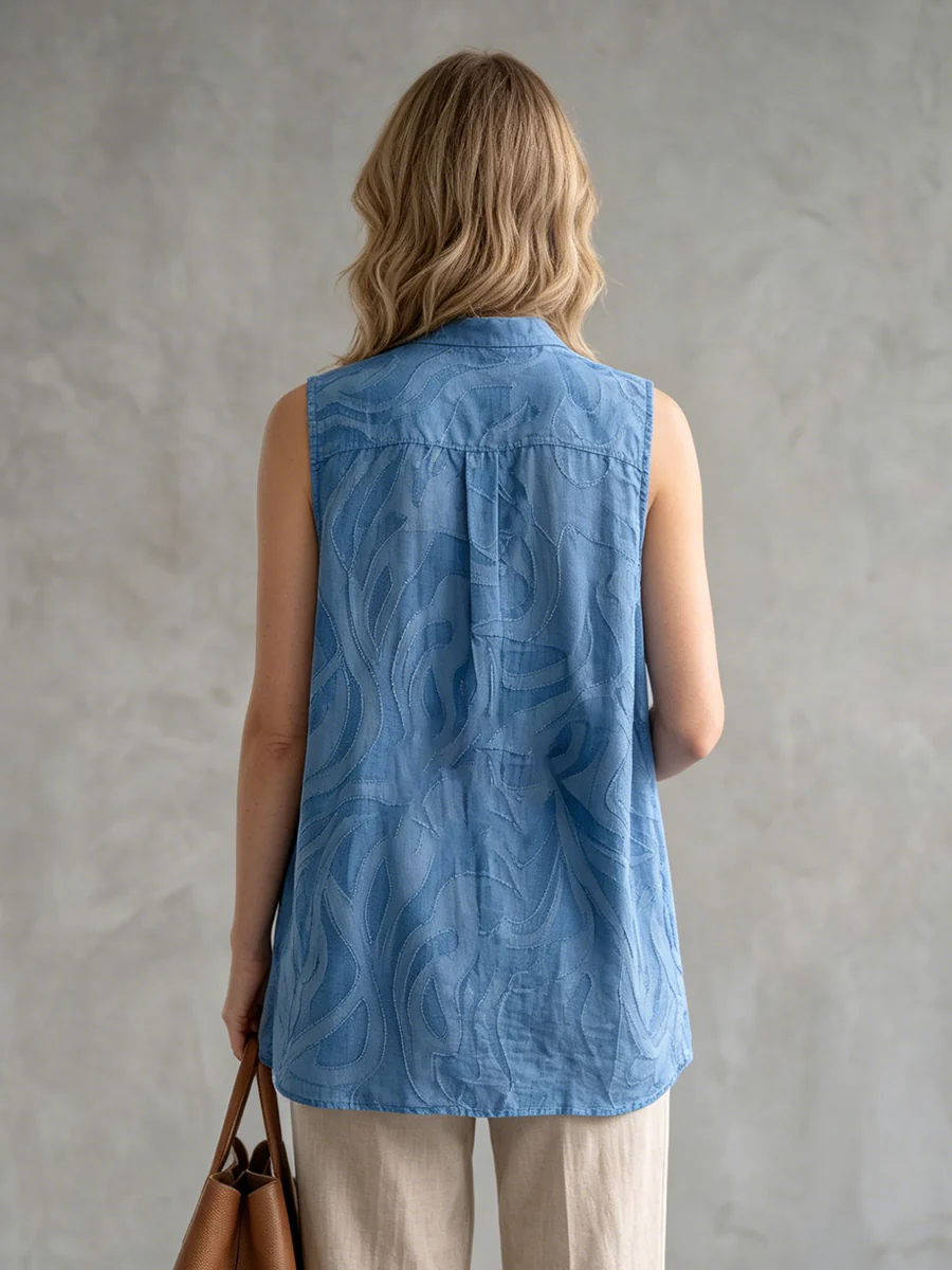 Sleeveless Buttoned Embroidered Solid Color Lapel Blouses&Shirts Tops - Image 4