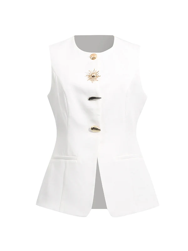 Sleeveless Buttoned Pockets Round-Neck Tank Top - Image 2