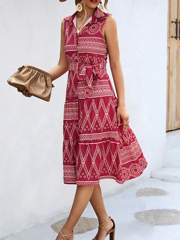 Sleeveless Buttoned Printed Tied Waist Lapel Collar Midi Dresses - Image 11