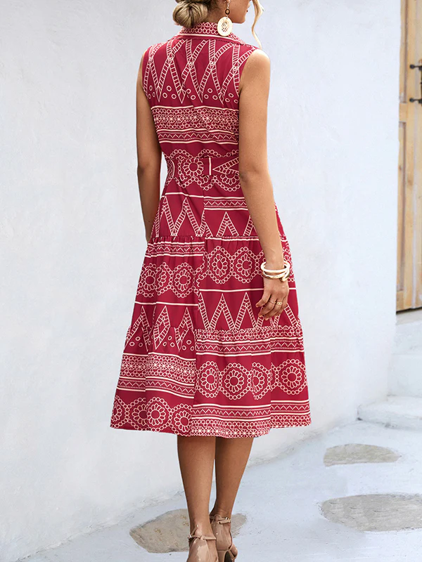Sleeveless Buttoned Printed Tied Waist Lapel Collar Midi Dresses - Image 12