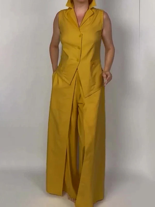 Sleeveless Buttoned Solid Color Lapel Vest Top - Image 3