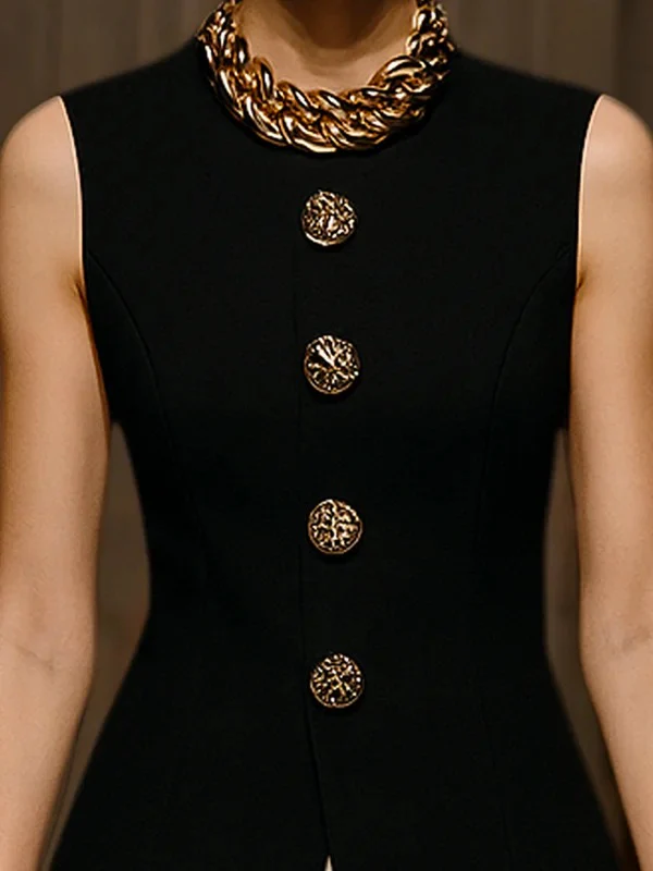 Sleeveless Buttoned Solid Color Round-Neck Vest Top - Image 2