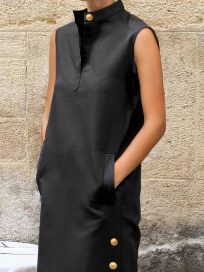 Sleeveless Buttoned Solid Color Split-side Stand Collar Maxi Dresses Shirt Dress - Image 2