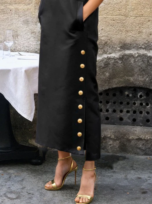 Sleeveless Buttoned Solid Color Split-side Stand Collar Maxi Dresses Shirt Dress - Image 3