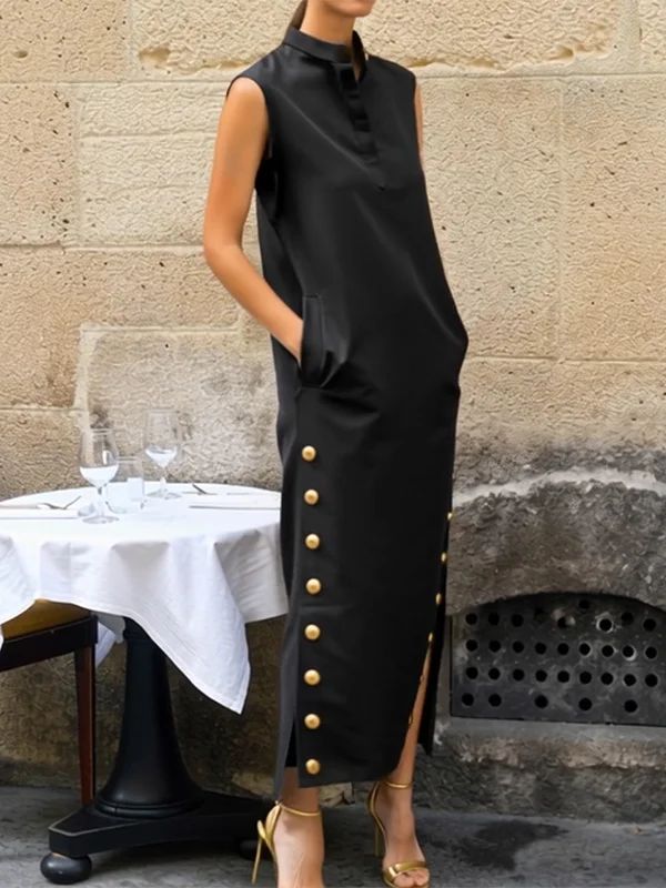 Sleeveless Buttoned Solid Color Split-side Stand Collar Maxi Dresses Shirt Dress - Image 4