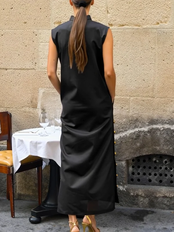 Sleeveless Buttoned Solid Color Split-side Stand Collar Maxi Dresses Shirt Dress - Image 5