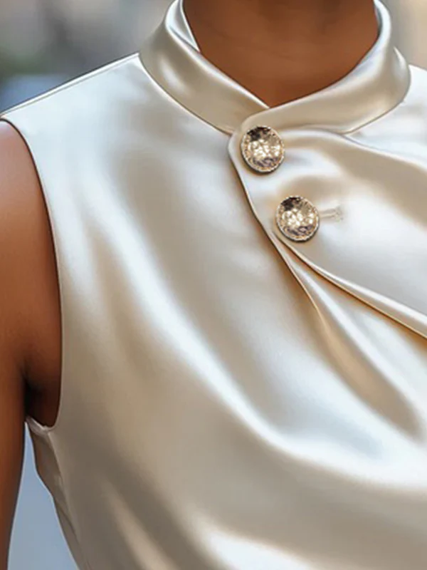 Sleeveless Buttoned Solid Color Stand Collar Tank Top - Image 2