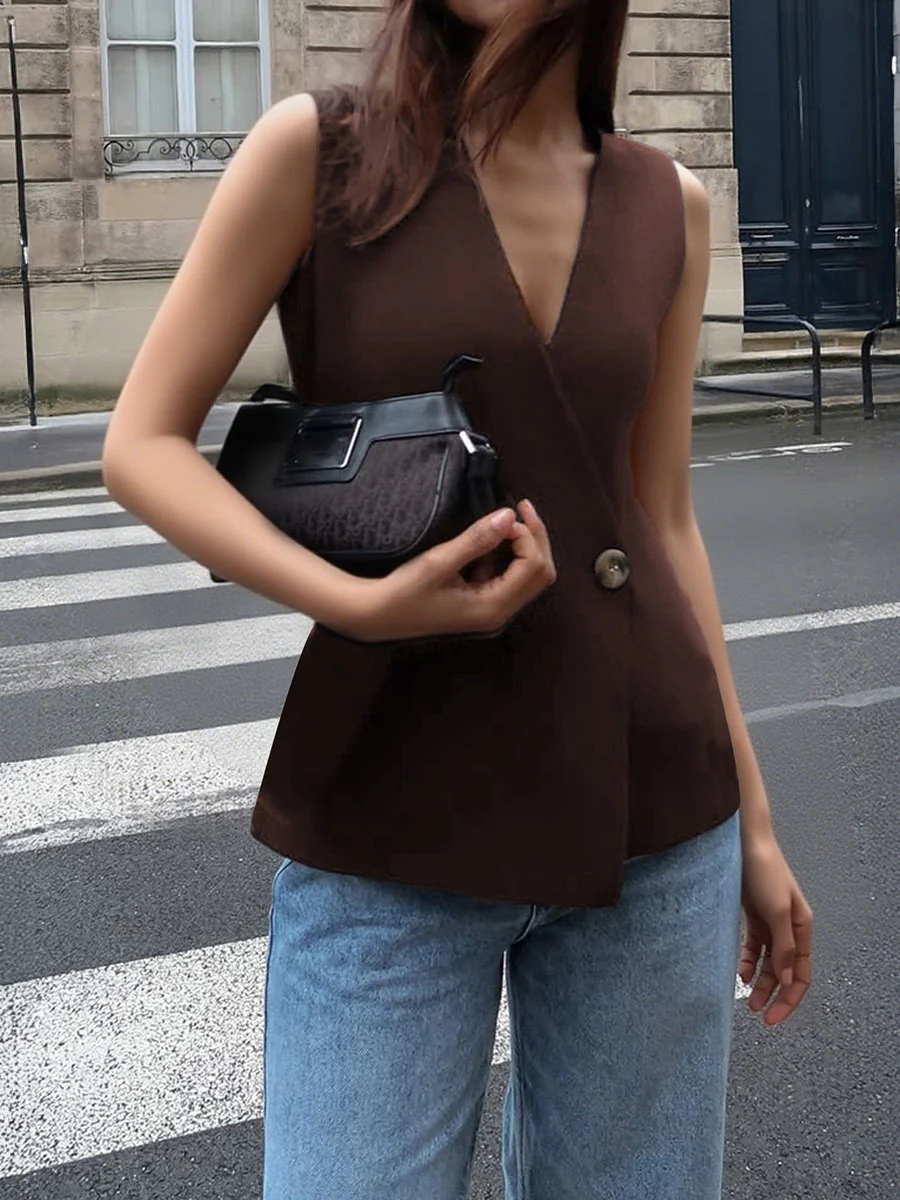 Sleeveless Buttoned Solid Color V-Neck Vest Top Waistcoat - Image 3