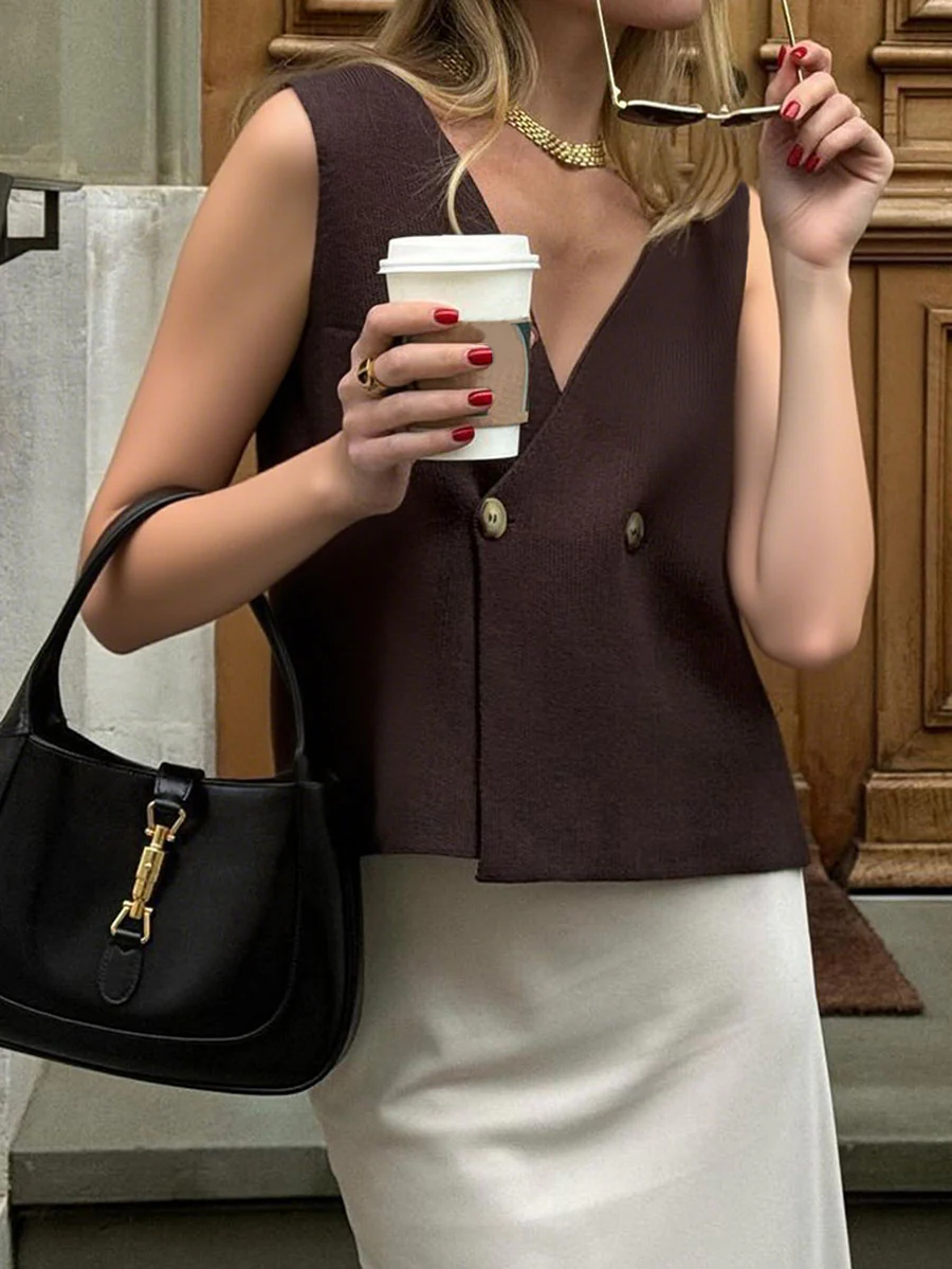 Sleeveless Buttoned Solid Color V-Neck Vest Top Waistcoat - Image 4