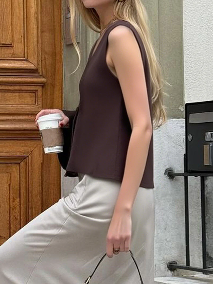 Sleeveless Buttoned Solid Color V-Neck Vest Top Waistcoat - Image 5