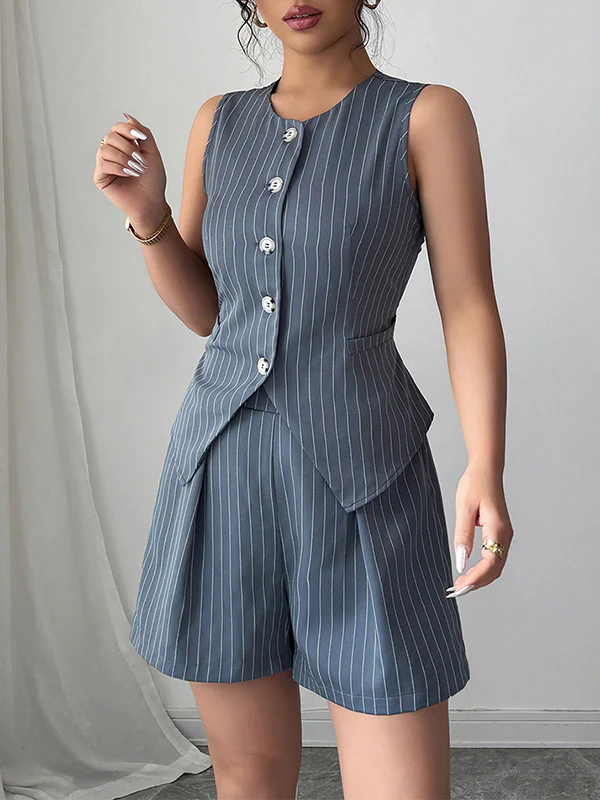 Sleeveless Buttoned Striped V-Neck Vest Top + Pleated Pockets Shorts Bottom Two Pieces Set - Image 2