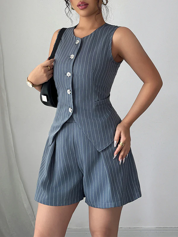 Sleeveless Buttoned Striped V-Neck Vest Top + Pleated Pockets Shorts Bottom Two Pieces Set - Image 3