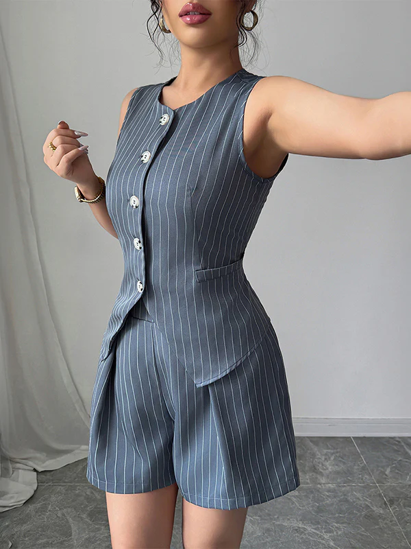Sleeveless Buttoned Striped V-Neck Vest Top + Pleated Pockets Shorts Bottom Two Pieces Set - Image 4
