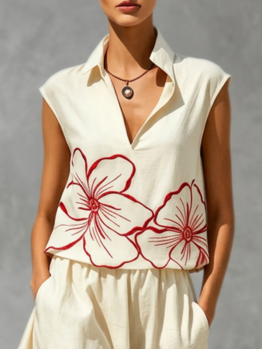 Sleeveless Contrast Color Floral Printed Lapel Blouses&Shirts Tops