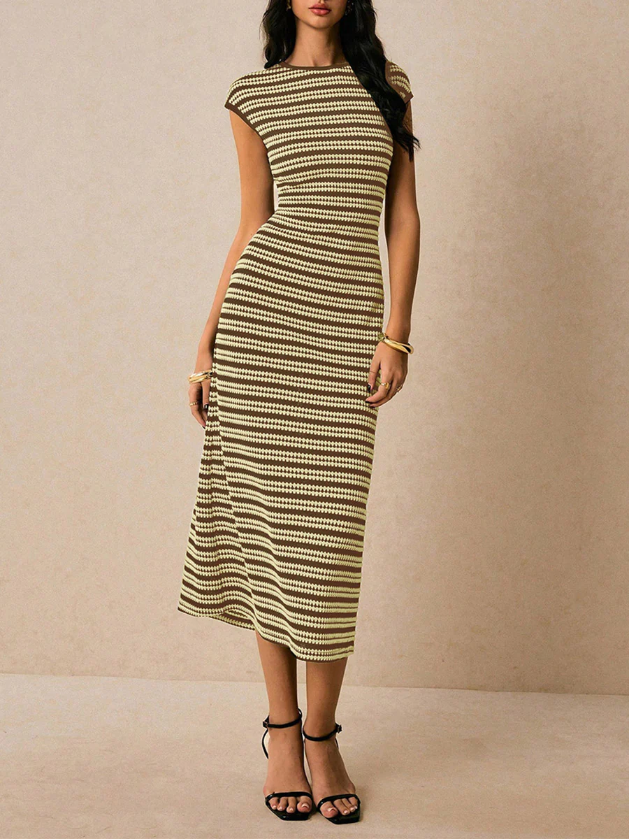 Sleeveless Contrast Color Split-Joint Striped Round-Neck Midi Dresses - Image 2