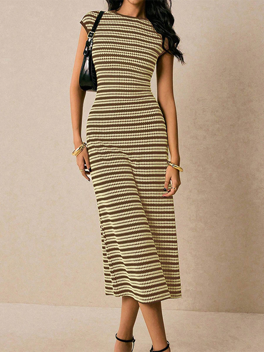 Sleeveless Contrast Color Split-Joint Striped Round-Neck Midi Dresses - Image 3