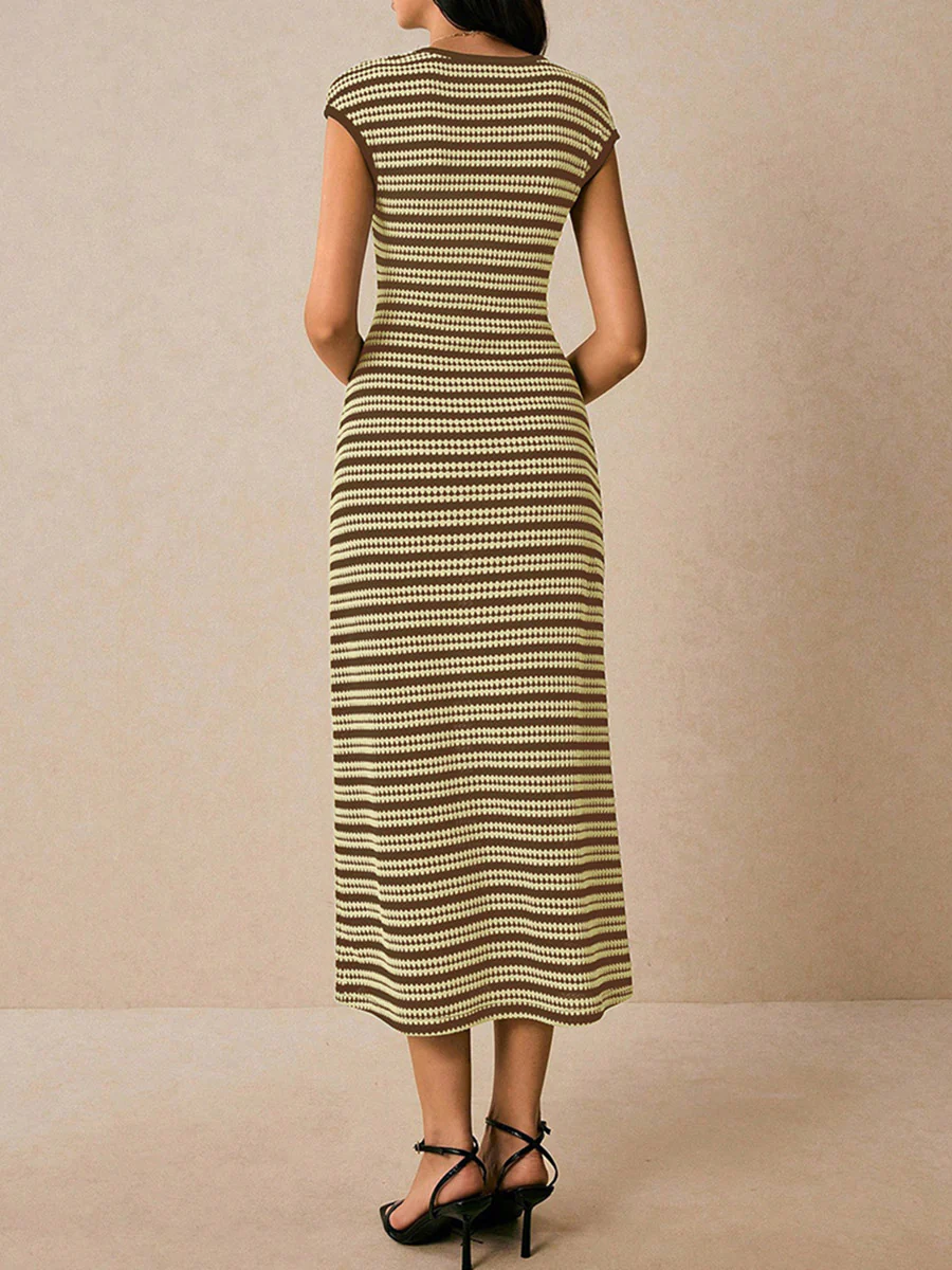 Sleeveless Contrast Color Split-Joint Striped Round-Neck Midi Dresses - Image 4