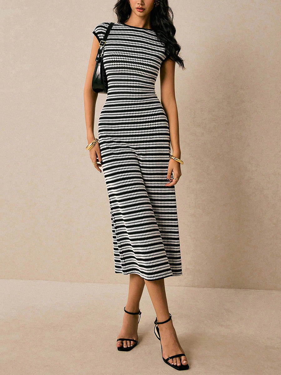 Sleeveless Contrast Color Split-Joint Striped Round-Neck Midi Dresses - Image 5