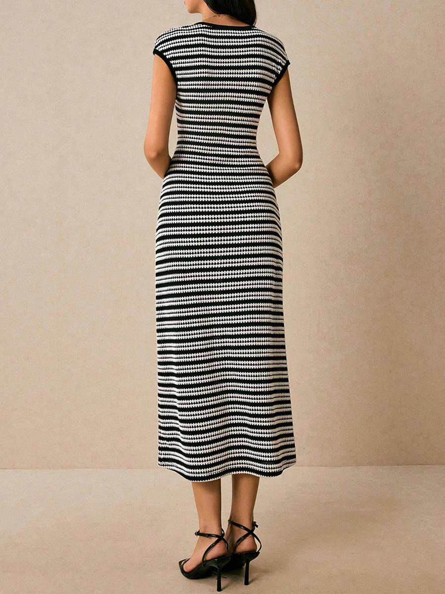 Sleeveless Contrast Color Split-Joint Striped Round-Neck Midi Dresses - Image 7