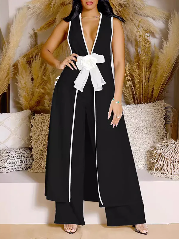 Sleeveless Contrast Color Split-Joint V-Neck Top + Wide Leg Pants Trousers Two Pieces Set - Image 2