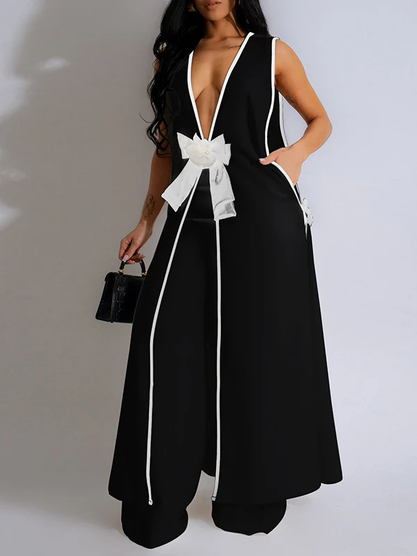Sleeveless Contrast Color Split-Joint V-Neck Top + Wide Leg Pants Trousers Two Pieces Set - Image 3