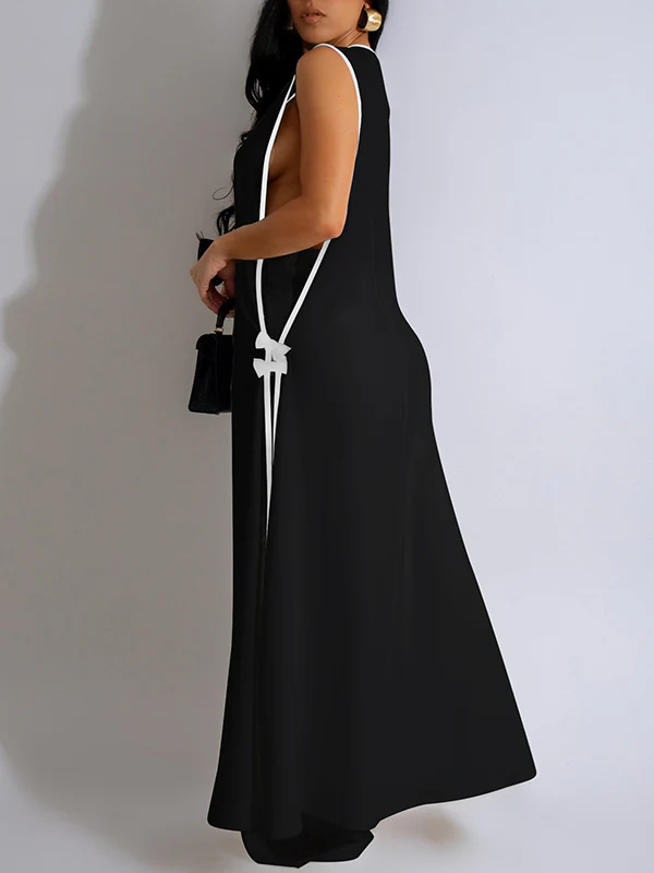 Sleeveless Contrast Color Split-Joint V-Neck Top + Wide Leg Pants Trousers Two Pieces Set - Image 4