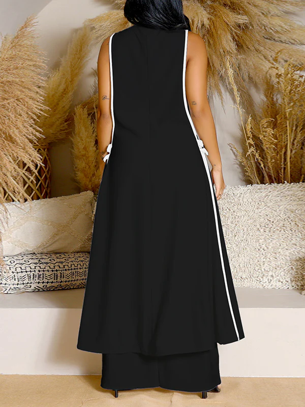 Sleeveless Contrast Color Split-Joint V-Neck Top + Wide Leg Pants Trousers Two Pieces Set - Image 5