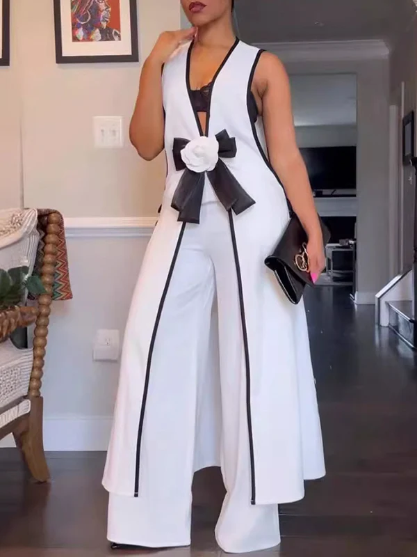 Sleeveless Contrast Color Split-Joint V-Neck Top + Wide Leg Pants Trousers Two Pieces Set - Image 6