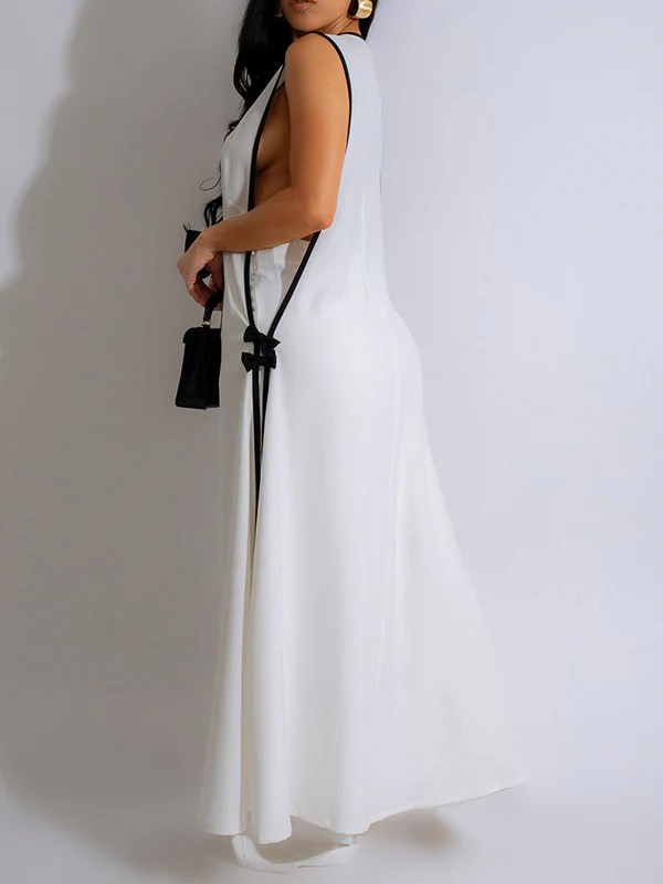 Sleeveless Contrast Color Split-Joint V-Neck Top + Wide Leg Pants Trousers Two Pieces Set - Image 7