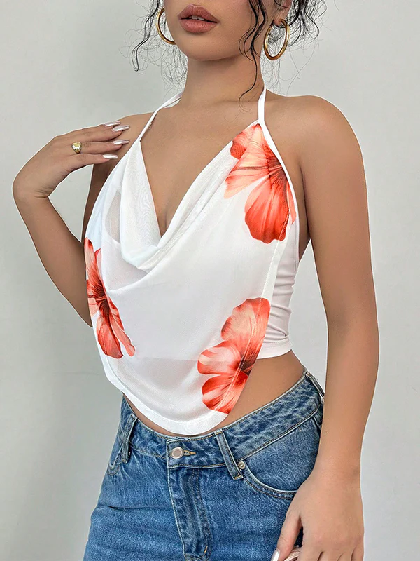 Sleeveless Flower Print Halter-Neck Vest Top - Image 2
