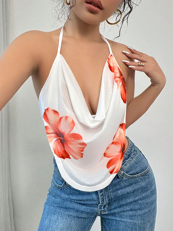 Sleeveless Flower Print Halter-Neck Vest Top - Image 3