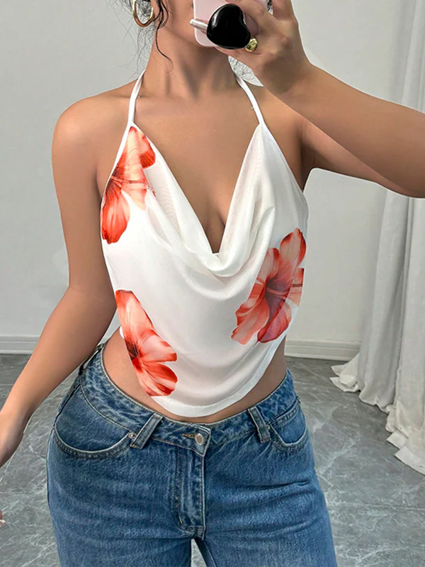 Sleeveless Flower Print Halter-Neck Vest Top - Image 5