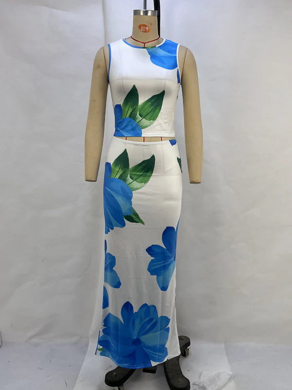 Sleeveless Flower Print Round-Neck Vest Top + Bodycon Skirts Bottom Two Pieces Set - Image 5