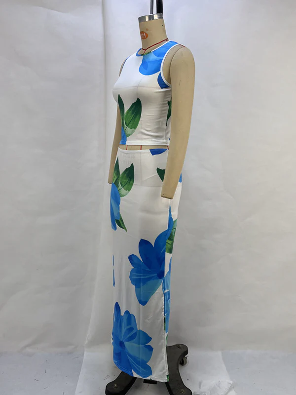 Sleeveless Flower Print Round-Neck Vest Top + Bodycon Skirts Bottom Two Pieces Set - Image 6