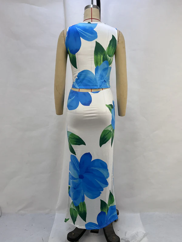 Sleeveless Flower Print Round-Neck Vest Top + Bodycon Skirts Bottom Two Pieces Set - Image 7