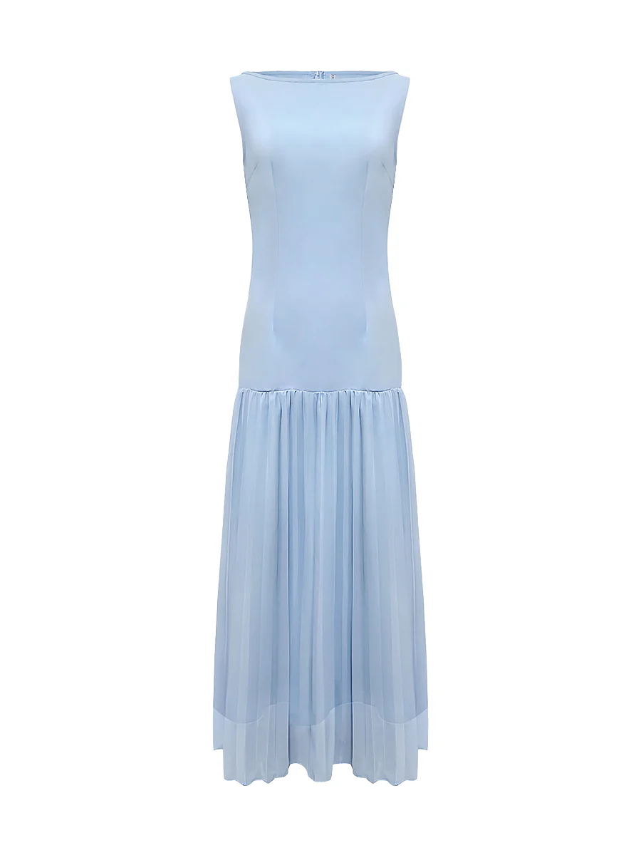 Sleeveless Gauze Pleated Solid Color Split-Joint Boat Neck Evening Dresses Maxi Dresses - Image 11