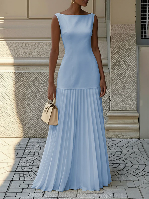 Sleeveless Gauze Pleated Solid Color Split-Joint Boat Neck Evening Dresses Maxi Dresses - Image 2
