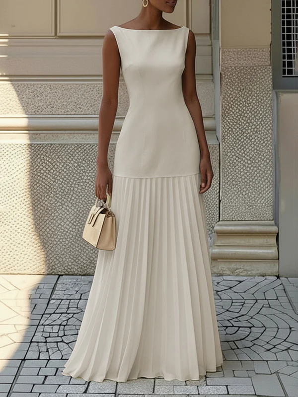 Sleeveless Gauze Pleated Solid Color Split-Joint Boat Neck Evening Dresses Maxi Dresses - Image 3