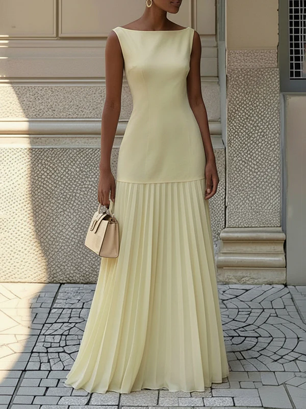 Sleeveless Gauze Pleated Solid Color Split-Joint Boat Neck Evening Dresses Maxi Dresses - Image 4