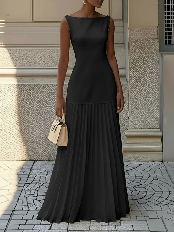 Sleeveless Gauze Pleated Solid Color Split-Joint Boat Neck Evening Dresses Maxi Dresses - Image 5