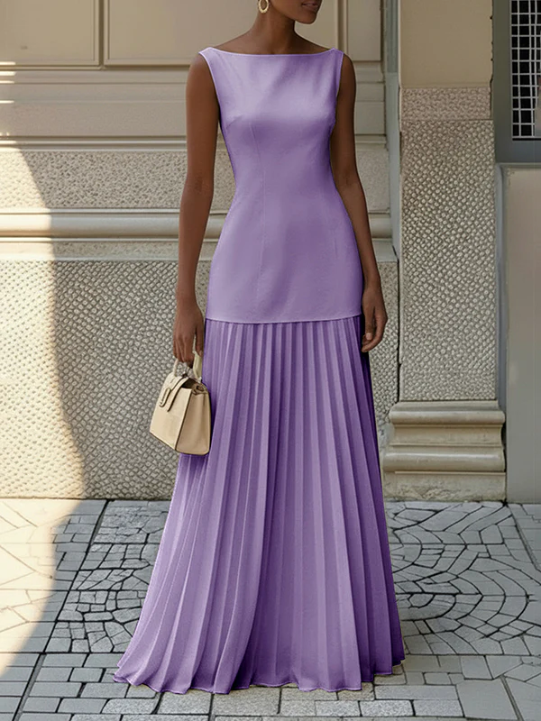 Sleeveless Gauze Pleated Solid Color Split-Joint Boat Neck Evening Dresses Maxi Dresses - Image 7