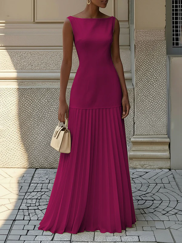 Sleeveless Gauze Pleated Solid Color Split-Joint Boat Neck Evening Dresses Maxi Dresses - Image 8
