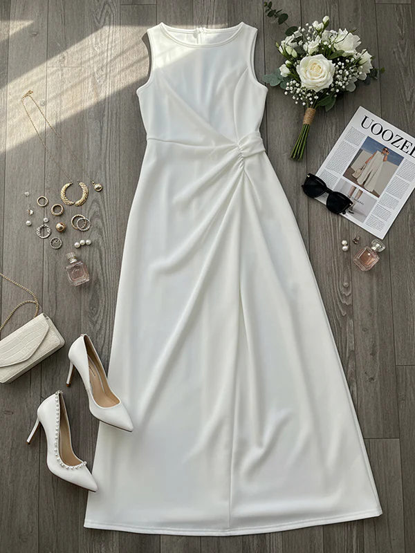 Sleeveless Gauze Pleated Solid Color Split-Joint Round-Neck Evening Dresses Maxi Dresses - Image 13