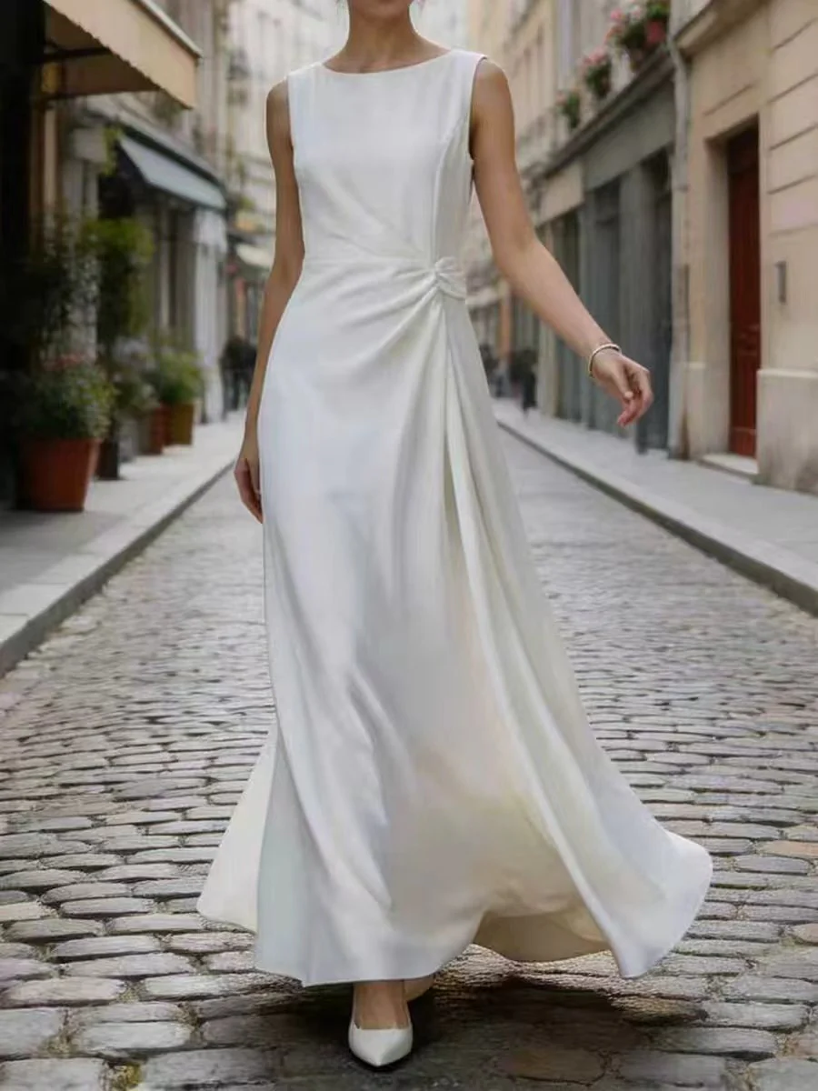 Sleeveless Gauze Pleated Solid Color Split-Joint Round-Neck Evening Dresses Maxi Dresses - Image 3